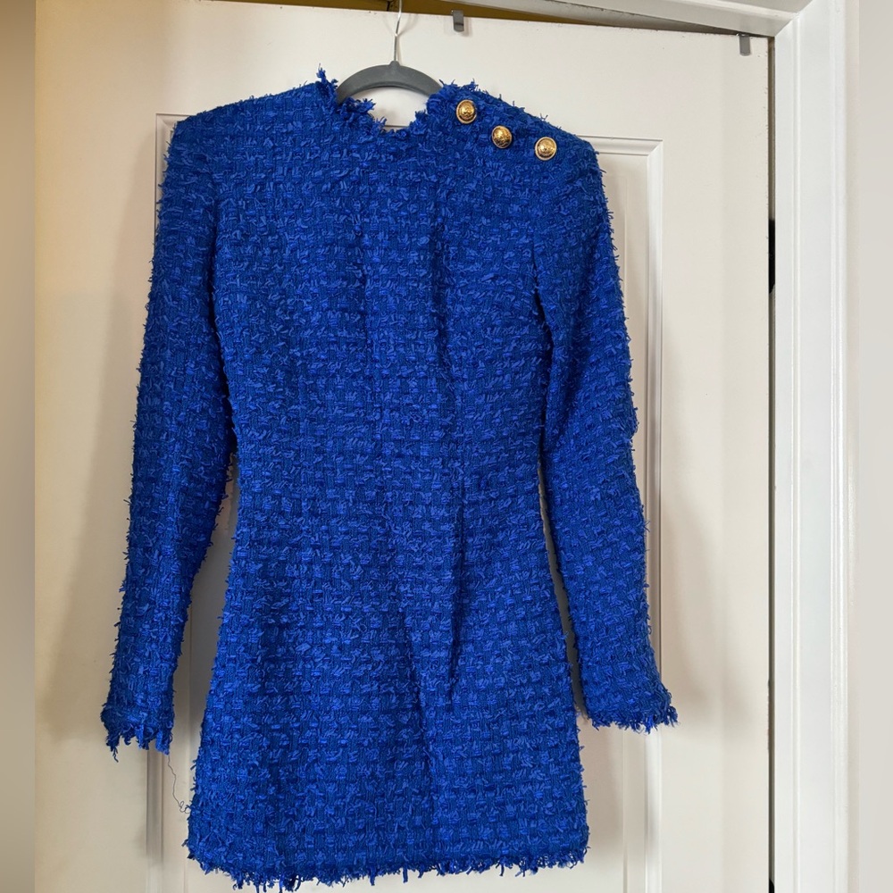 Balmain Royal Blue Long Sleeve Textured Mini Dress with Gold Buttons